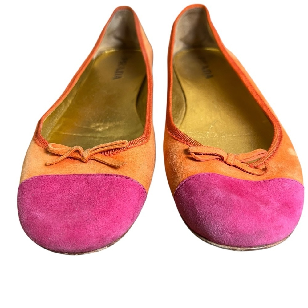 PRADA Suede Ballet Flats Orange Pink Colorblock Shoes Sz 36.5 (6.5 US) Slip-on - Picture 7 of 11